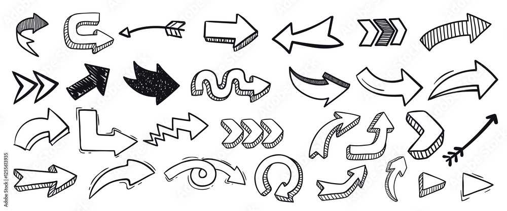 Wall mural vector set of hand drawn charcoal arrows icons. arrows mark icon isolated on transparent background.