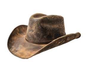 A weathered brown cowboy hat with intricate details, showcasing rustic charm and character. Isolated on transparent white background, png	
