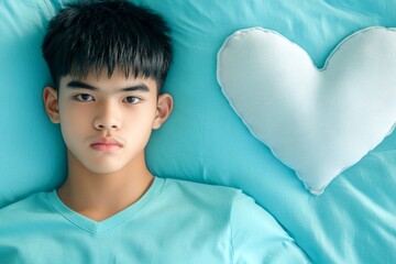 Commercial ad campaign conceptual art. Love confession. Valentine's day greeting from man or for man: impressive dazzling, image of loving asian young guy. Guy passion. Love feelings.