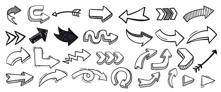 
Vector Set of Hand drawn Charcoal arrows icons. Arrows mark icon isolated on transparent background. Scribble symbols of direction pointers, swirl arrow elements 