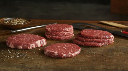 A variety of raw beef steaks, dry-aged cuts, and hamburger patties on a wooden surface, ready for grilling with seasoning and tools