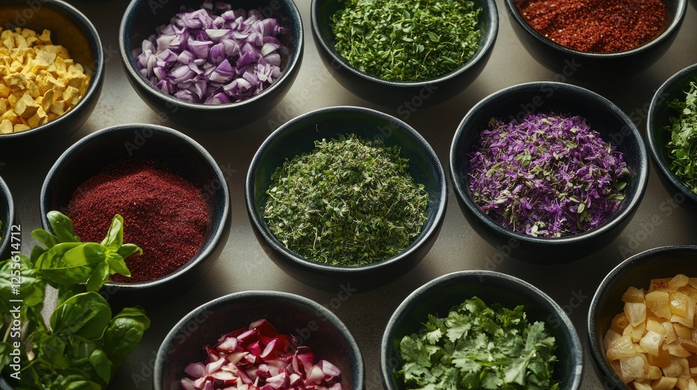 Poster a vibrant and colorful assortment of various herbs and spices in bowls, creating a lively and aromat