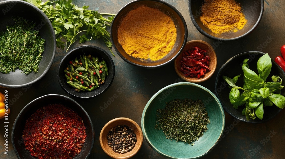 Poster a vibrant and colorful assortment of various herbs and spices in bowls, creating a lively and aromat