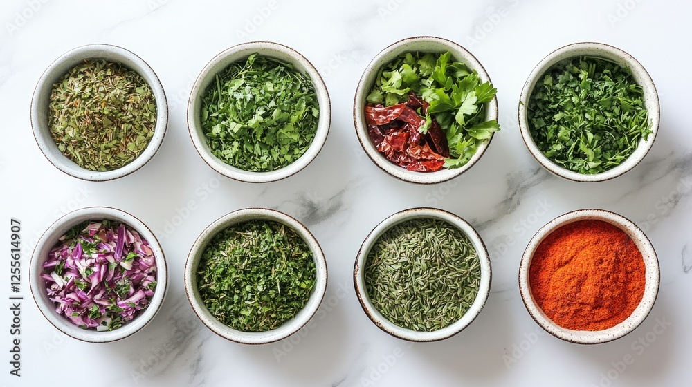 Aufkleber a vibrant and colorful assortment of various herbs and spices in bowls, creating a lively and aromat