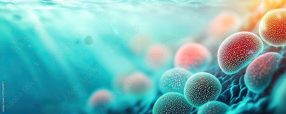 Aufkleber Marine life microscopic idea. Close-up view of colorful bacteria under a microscope in a vibrant aquatic environment.