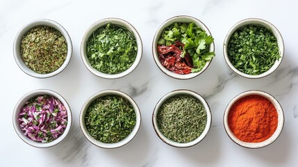 A vibrant and colorful assortment of various herbs and spices in bowls, creating a lively and aromatic cooking atmosphere