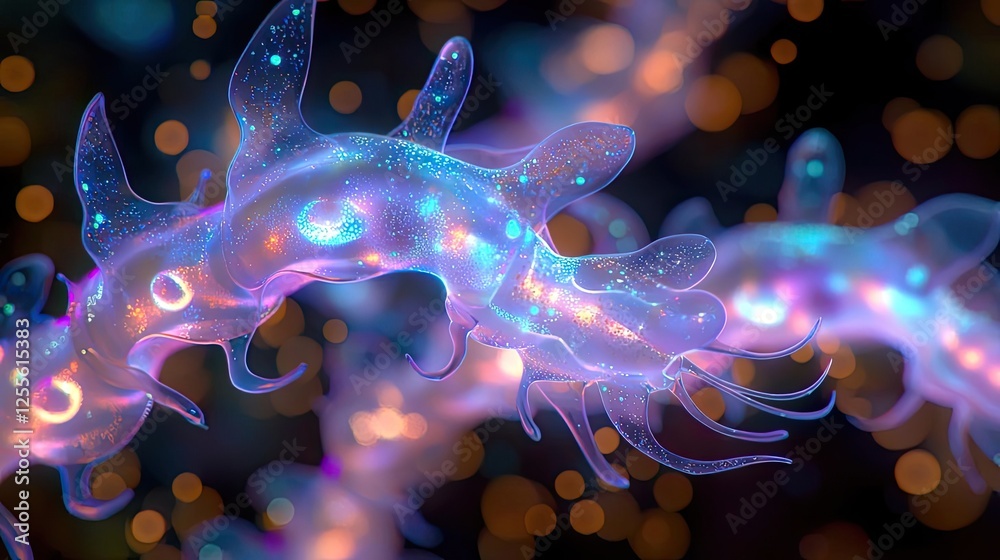Aufkleber microscopic ocean life idea. abstract representation of a vibrant microscopic organism with glowing 