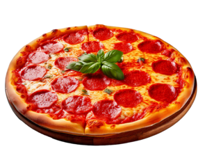 Pizza, pepperoni, basil, PNG, isolated, white, transparent, background, delicious, crispy, baked, dough, cheese, mozzarella, toppings, Italian, cuisine, food, spicy, fresh, aromatic, round, golden, ap