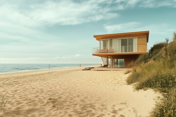 Obraz premium Beachfront House Resting on Sandy Shore Near Ocean Waves