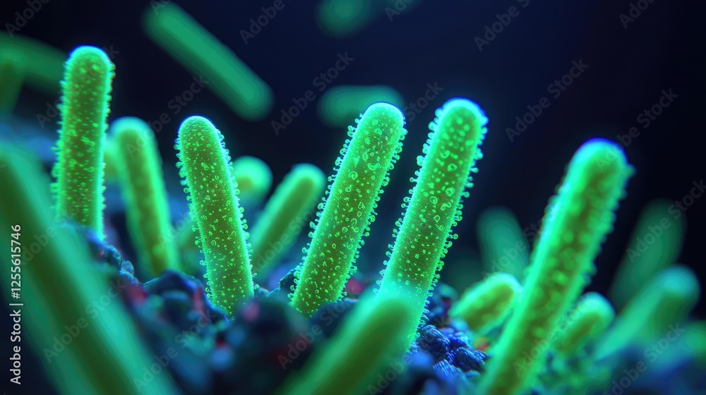 Poster marine life microscopic idea. close-up view of vibrant green microscopic structures glowing in darkn