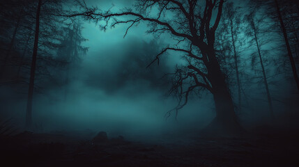 Obraz premium Eerie Atmosphere in a Dark Forest With Fog and Twisted Trees Under a Gloomy Sky