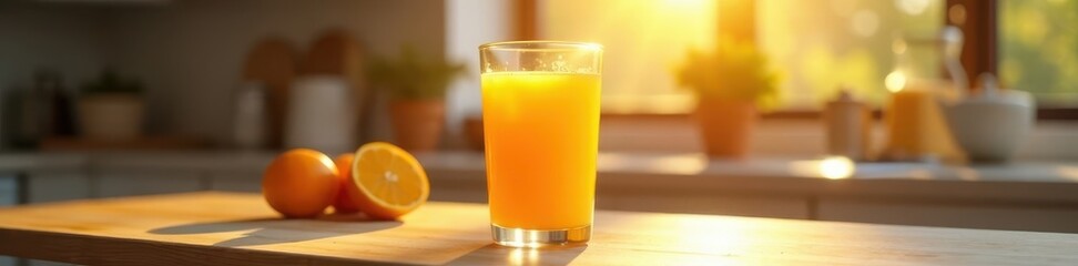 Golden sunlight streams onto a glass of vibrant orange juice, kitchen counter , freshness, morning, kitchen counter