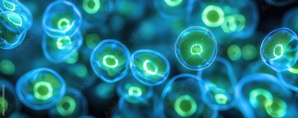 Poster microscopic ocean life idea. microscopic view of vibrant, glowing cells in various shapes and sizes