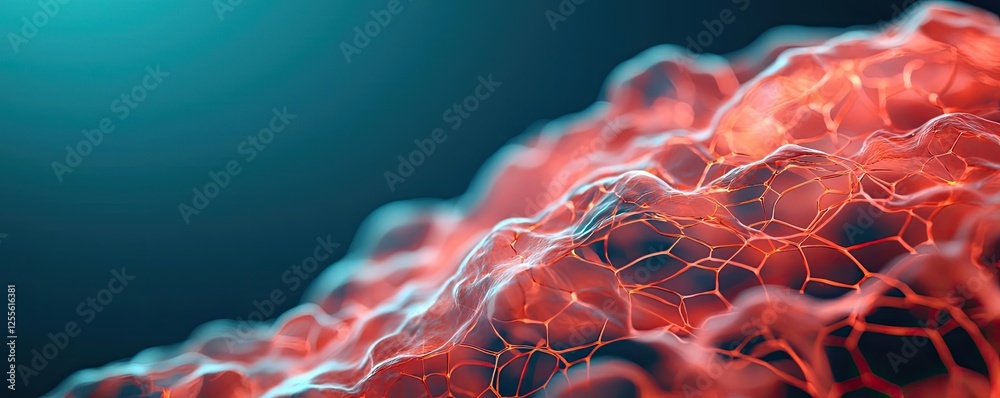 Poster Microscopic ocean life idea. Detailed close-up of vibrant red cellular structure with intricate patterns and textures.