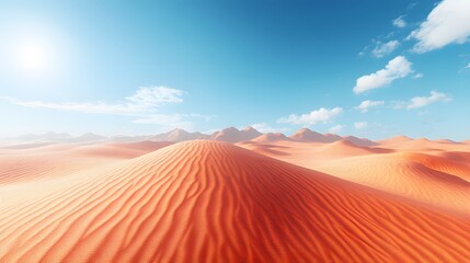 Fototapeta premium Stunning desert landscape presents vibrant orange sand dunes against deep blue sky, with golden sunlight creating natural patterns in pristine Sahara setting with minimalist composition.