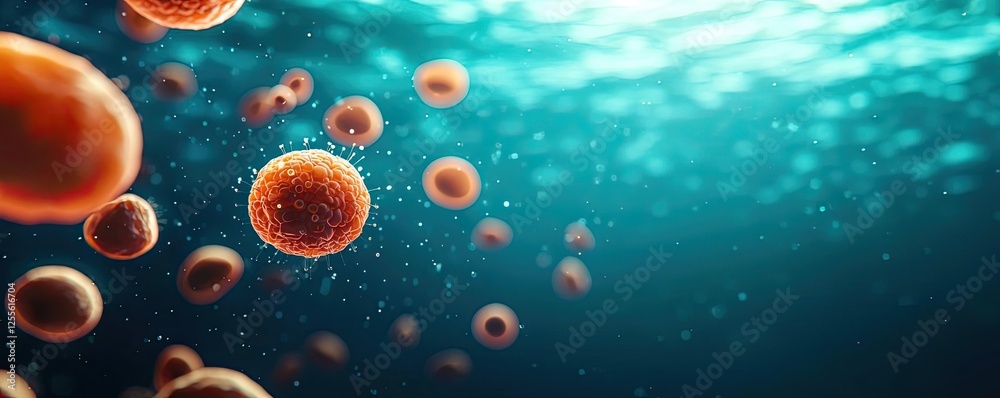 Poster Microscopic ocean life idea. Microscopic view of vibrant cells floating in a fluid medium under soft lighting.