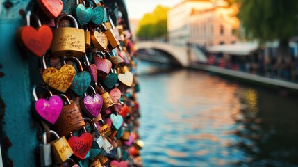 A vibrant image of a love lock bridge with heart-shaped locks in various colors, symbolizing enduring love and commitment along a beautiful river