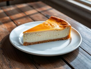 Ein k&ouml;stliches St&uuml;ck cremiger K&auml;sekuchen mit knusprigem Boden auf einem wei&szlig;en Teller