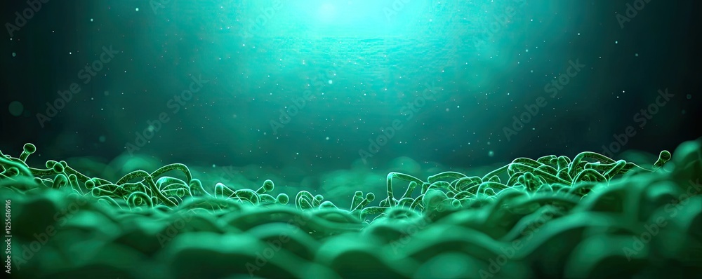 Aufkleber Microscopic ocean life idea. Close-up view of microscopic green organisms illuminated by soft underwater light.