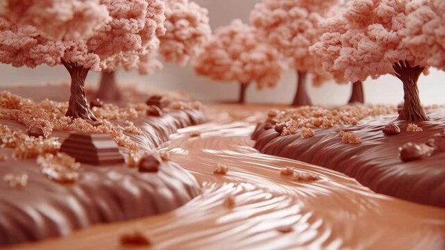 Dreamy chocolate landscape featuring cocoa trees with pink candy blossoms and flowing river melted chocolate. Scene is decorated with nuts and sprinkles, creating whimsical edible fantasy world.