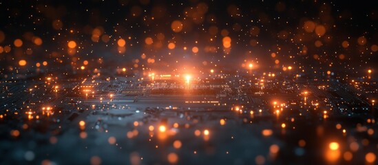 Glowing Circuit Board with Bokeh Effect in Dark Background