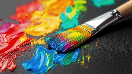 Obraz premium A vibrant brush dripping bright paint onto a glossy black surface, creating colorful splashes that enhance the contrast and creativity of the scene