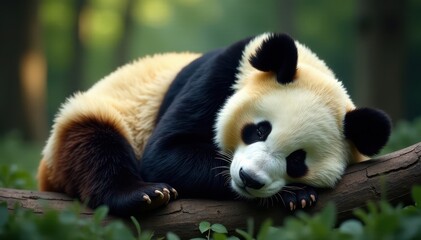 Obraz premium Large panda curled in sleep, peaceful slumber , china, fur, dreaming