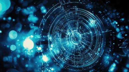 Obraz premium Futuristic technology interface, digital data flow, dark background, bokeh lights, website header