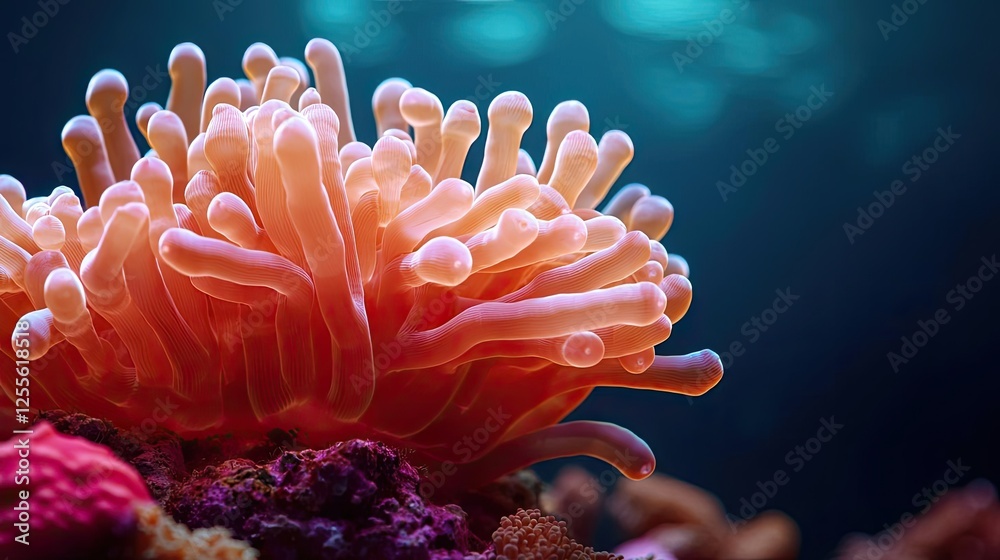 Poster coral reefs microscopic concept. vibrant coral reef with intricate tentacles in a serene underwater 