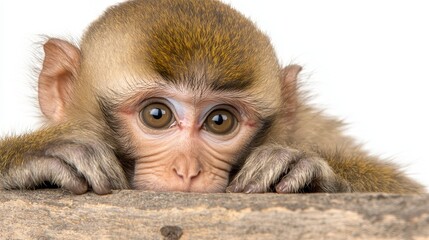 Fototapeta premium Cute Baby Monkey with Big Eyes Resting on a Wooden Surface