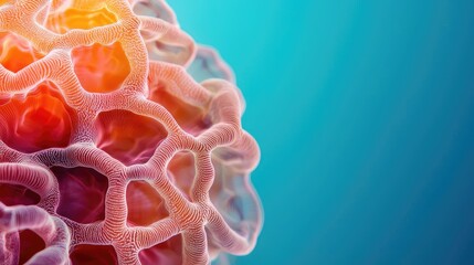 Coral reefs microscopic concept. Close-up of colorful cell structure on vibrant blue background, showcasing intricate details.
