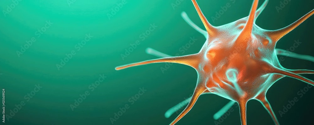 Poster Microscopic ocean life idea. Close-up view of a neuron cell with vibrant colors and intricate structure.