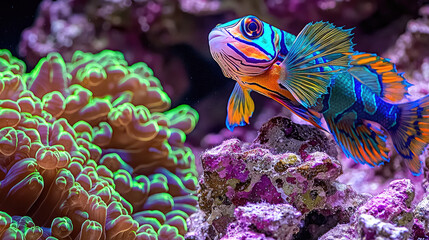Obraz premium Vibrant marine scene featuring a colorful fish swimming near neon coral formations in a reef