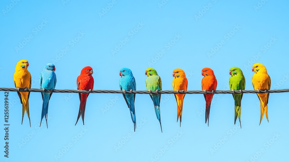 Poster A vibrant scene of colorful birds sitting on a power line, set against the backdrop of a clear azure sky, adding life and color to the day
