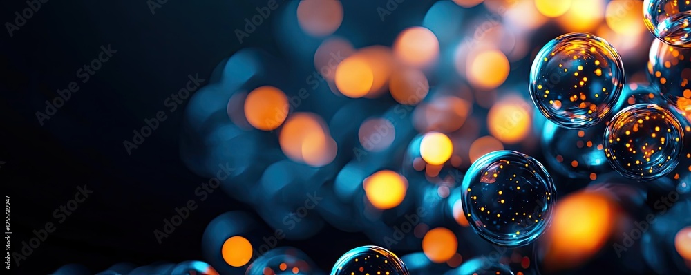 Poster marine life microscopic idea. close-up of mesmerizing bubbles reflecting light in a dark setting.