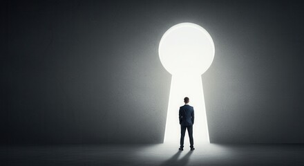 Obraz premium Back view of businessman standing in abstract key opening in wall with bright light and mock up place. Solution and decision concept