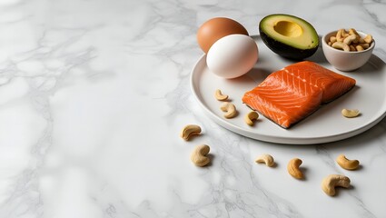 Gourmet salmon fillet with avocado and nuts on marble background for luxury healthy food photography and restaurant menu presentation.