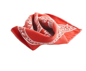 A vibrant red bandana with intricate white patterns, elegantly folded and draped. Isolated on transparent white background, png	
