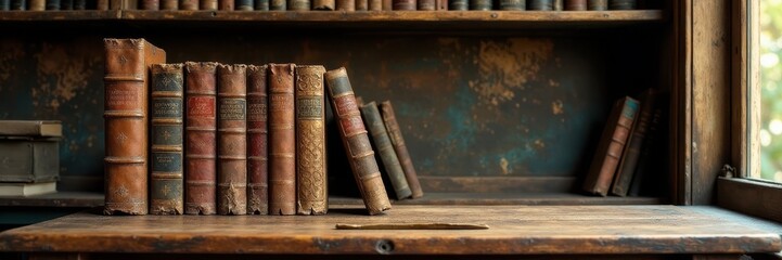 Naklejka premium Old books on a vintage shelf, next to a wooden desk, reading nook , retro, cozy, antique