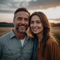 Obraz premium Smiling Couple Portrait Outdoors in Nature Embracing Love and Happiness