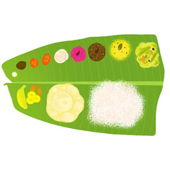 Kerala traditional sadya on banana leaf isolated on transparent background, png image, it mainly used for festival of vishu, onam, pongal and diwali