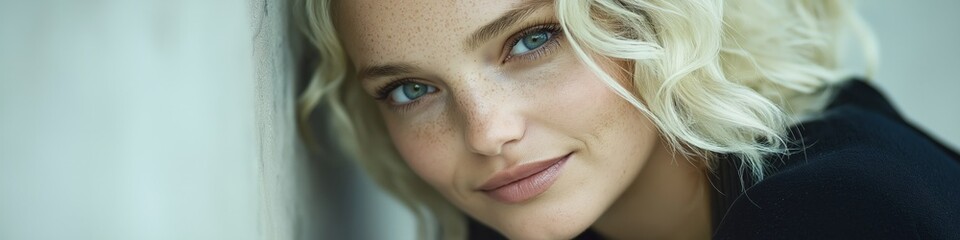 Fototapeta premium A blonde woman with blue eyes is smiling at the camera. She is wearing a black shirt and has a light blue shirt visible on the right side of her body