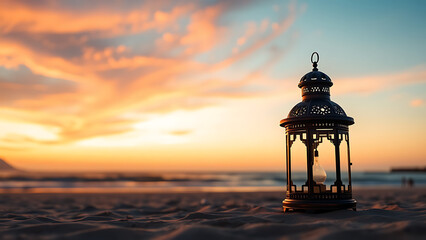 Eid Mubarak greeting background Lantern with crescent moon shape on the beach with sunset sky