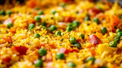 Close-up of rice and vegetable paella with saffron and peas on a white serving plate, emphasizing vibrant and aromatic nature. Ideal for Spanish cuisine and special occasions.