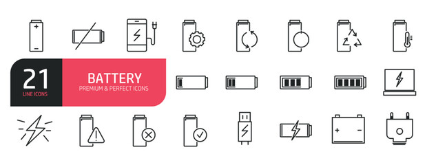 Set of line icons related to battery, power, charging, alkaline. Outline icons collection. Editable stroke. Vector illustration.