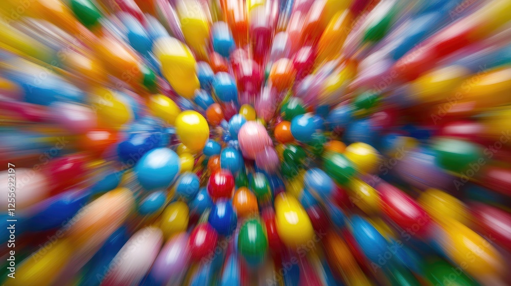 Poster a vivid explosion of styrofoam mini balls in various colors, frozen in motion with blur effect, capt