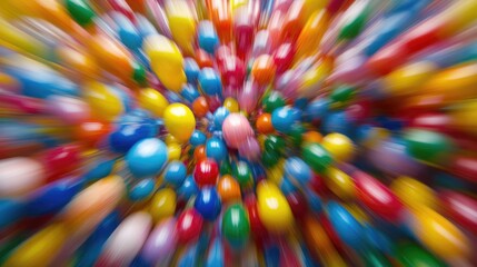 A vivid explosion of Styrofoam mini balls in various colors, frozen in motion with blur effect, capturing the energy and excitement of the moment