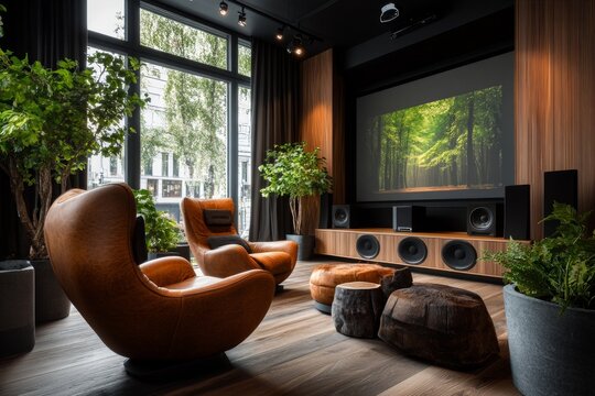 A modern media room with a massive screen, surround sound speakers, and comfortable reclining seats