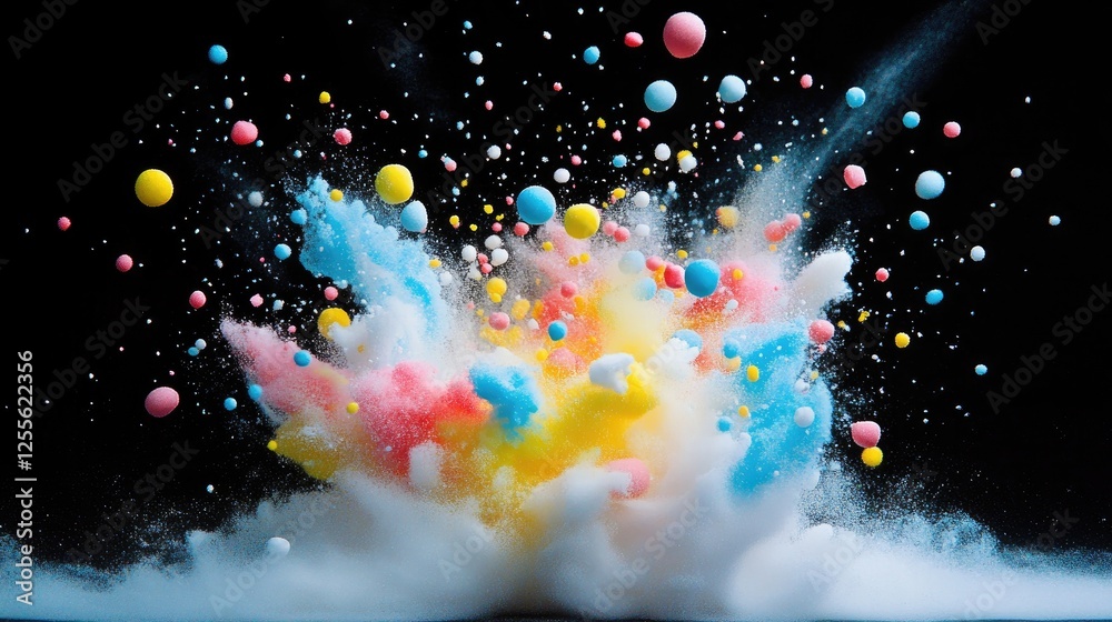 Poster A vivid explosion of Styrofoam mini balls in various colors, frozen in motion with blur effect, capturing the energy and excitement of the moment