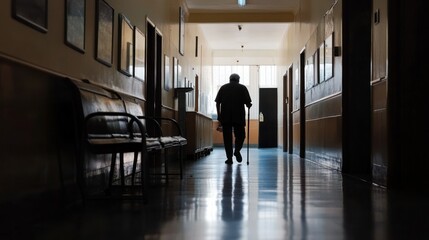 Silhouette of Elderly Man Walking with Cane in a Long Hospital Corridor